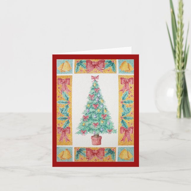 Christmas tree with decorations red bows bells art holiday card (Front)