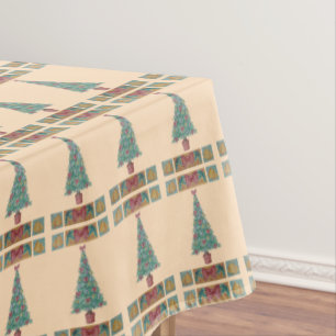 Christmas tree with decorations red bows bells art tablecloth