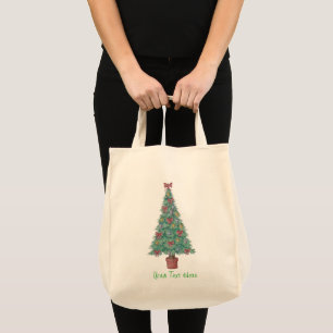 Christmas tree with decorations red bows bells tote bag