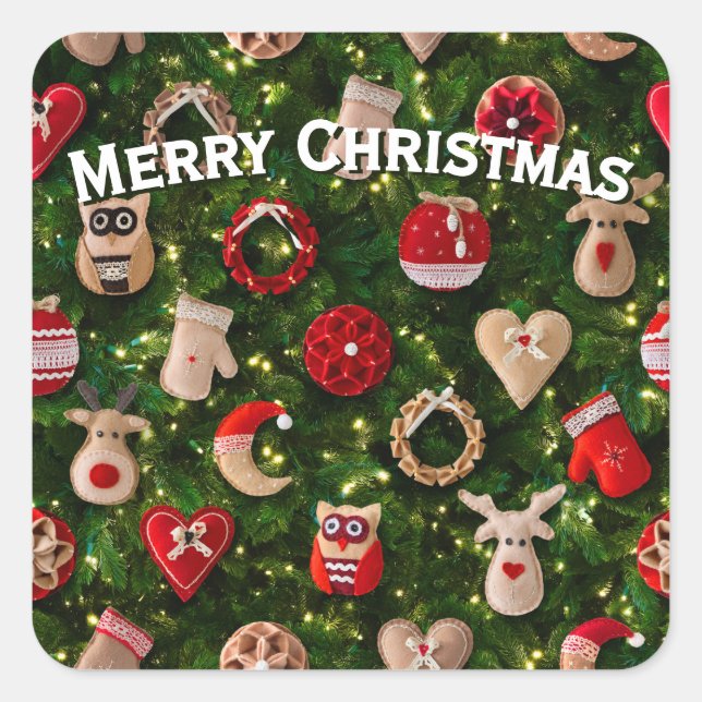 Christmas tree with felt toys square sticker (Front)