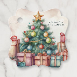 Christmas Tree with Gifts and Ornaments Watercolor Favour Tags