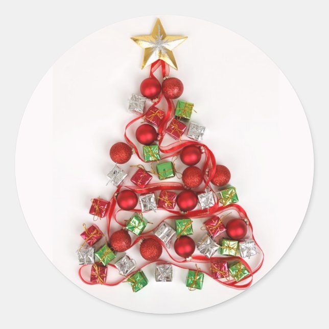 Christmas Tree With Gifts Ornaments Ribbon Star Classic Round Sticker (Front)