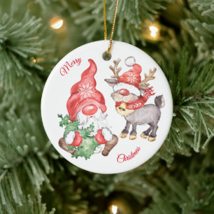 Christmas Tree With Gnome and Reindeer Ceramic Tree Decoration