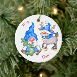 Christmas Tree With Gnome and Reindeer Ceramic Tree Decoration