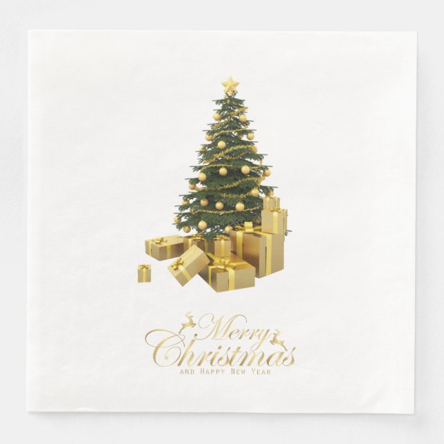 Christmas Tree with Gold Ornaments and Gifts Napkin (Front)