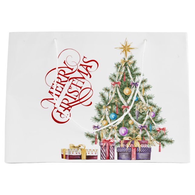 Christmas Tree with Gold Star and Presents Large Gift Bag (Front)