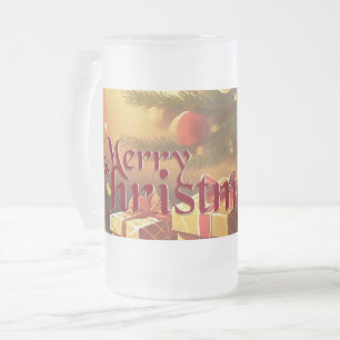 Christmas Tree with Golden Presents Frosted Glass Beer Mug