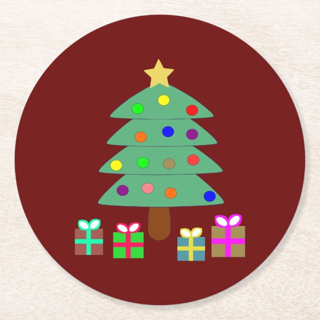 Christmas Tree with Holiday Gifts Round Paper Coaster (Front)