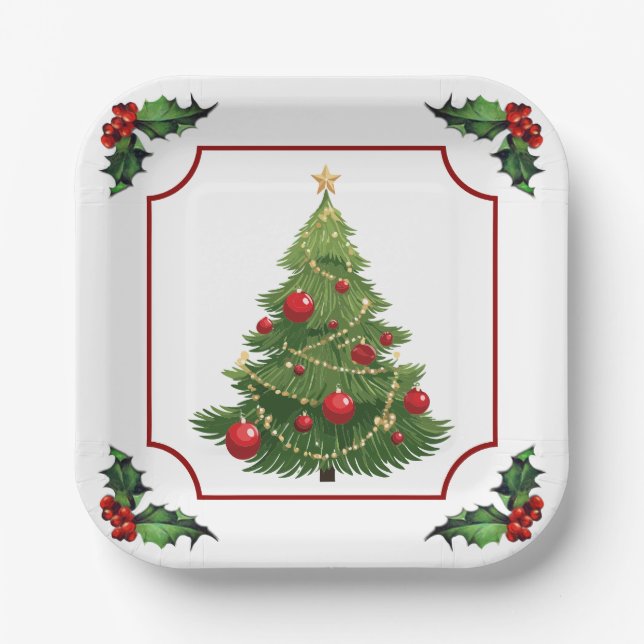 Christmas Tree with Holly Paper Plate (Front)