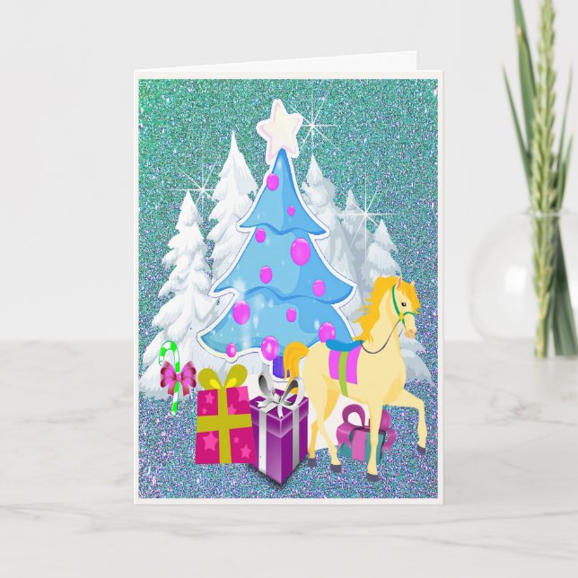 Christmas Tree With Horse and Gifts  FAUX Glitter Holiday Card (Front)