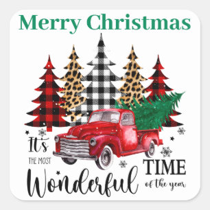 Christmas tree with old red truck and greeting square sticker