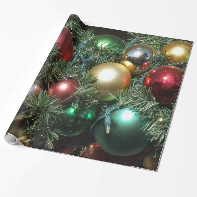 Christmas Tree with Ornaments and Xmas Lights Wrapping Paper (Unrolled)
