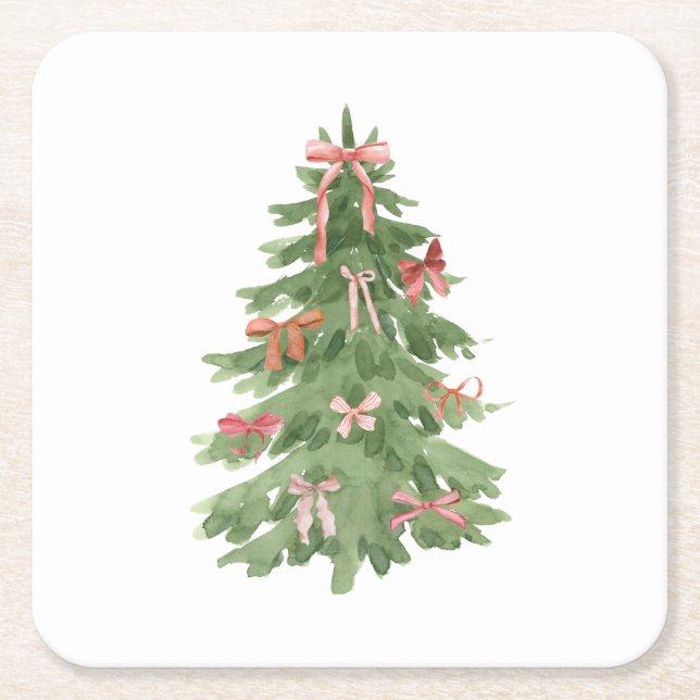 Christmas Tree with Pink Bows Holiday Party Square Paper Coaster (Front)