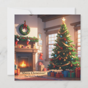Christmas tree with presents and a fireplace holiday card