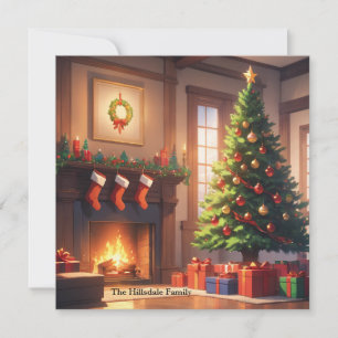 Christmas tree with presents and a fireplace holiday card