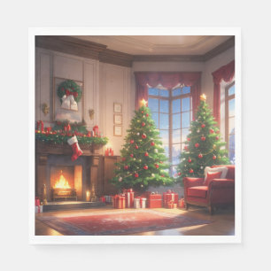 Christmas tree with presents and a fireplace napkin