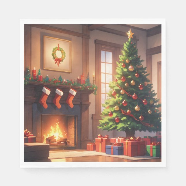 Christmas tree with presents and a fireplace napkin (Front)