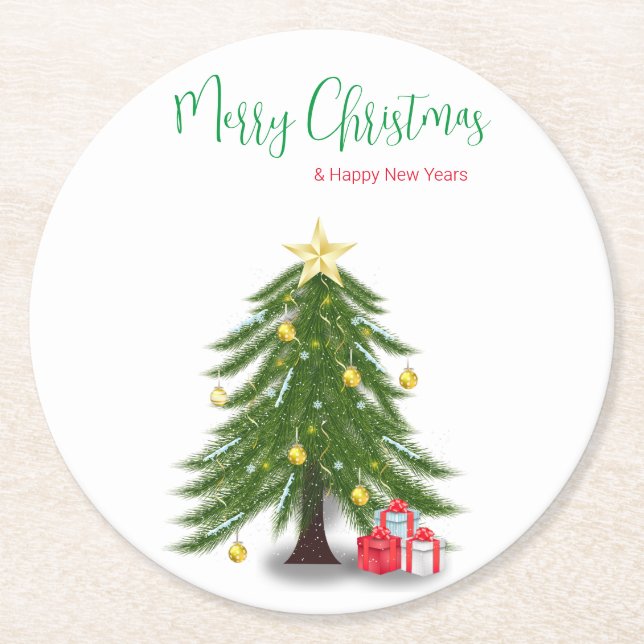 Christmas tree with Red present  Round Paper Coaster (Front)