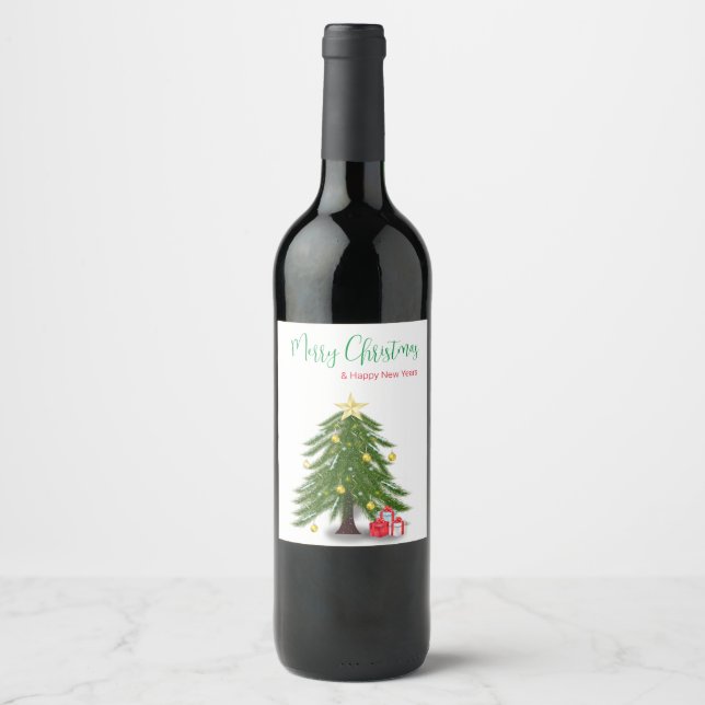 Christmas tree with Red present  Wine Label (Front)