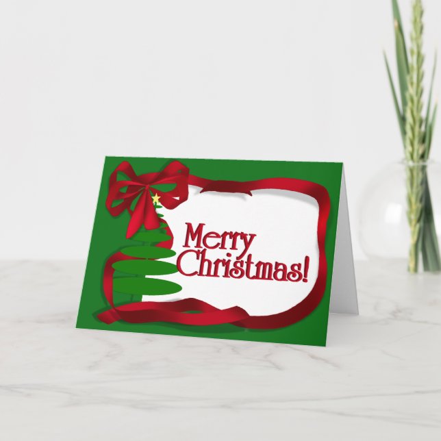 Christmas Tree with Red Ribbon Holiday Card (Front)