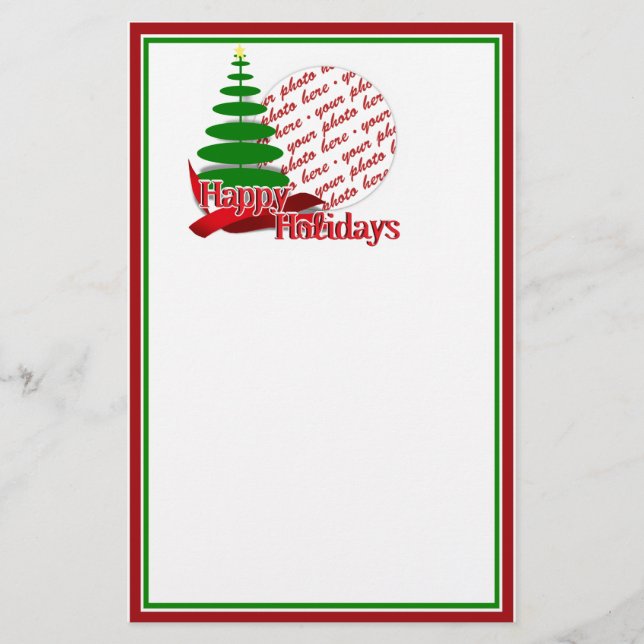 Christmas Tree with Red Ribbon Photo Frame Stationery (Front)