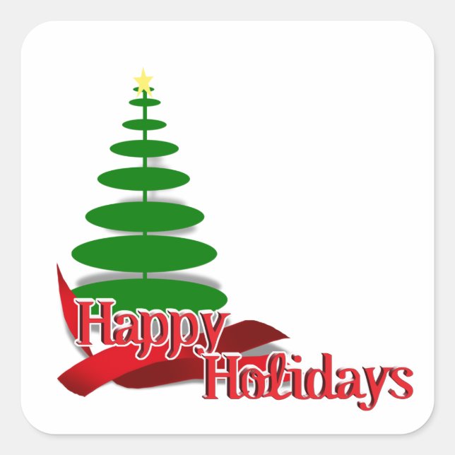 Christmas Tree with Red Ribbon Square Sticker (Front)