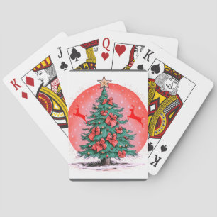 Christmas tree with red ribbons and bows playing cards