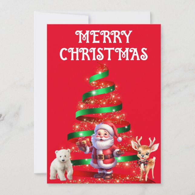 CHRISTMAS TREE WITH SANTA, DEER & POLAR BEAR INVITATION (Front)