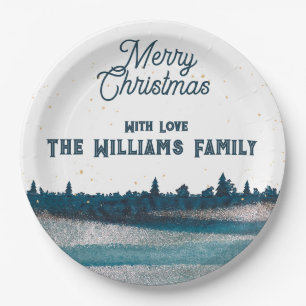 Christmas Tree with Snow Merry Christmas Paper Plate