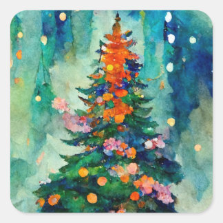 Christmas Tree with sparkly lights w/ snowy trees  Square Sticker