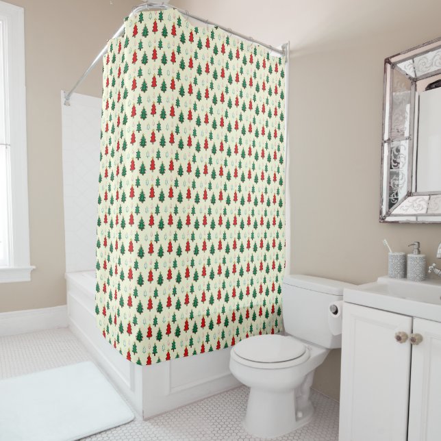 Christmas tree with star topper seamless pattern shower curtain (In Situ)