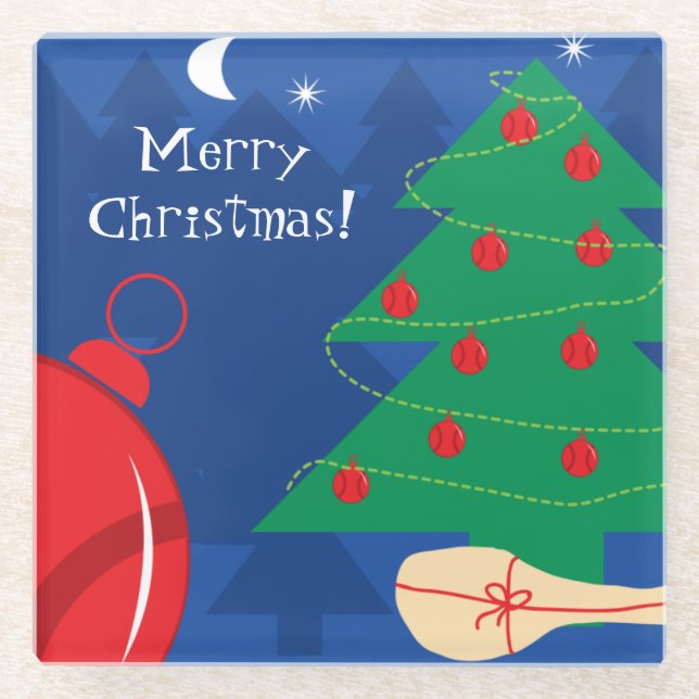 Christmas tree with tennis balls and racket glass coaster (Front)