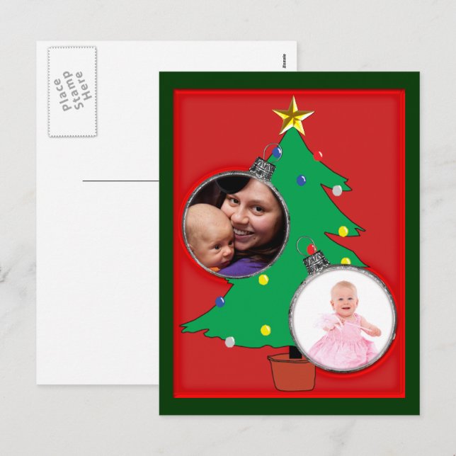 Christmas Tree with Two Ornament Photo Frames Holiday Postcard (Front/Back)
