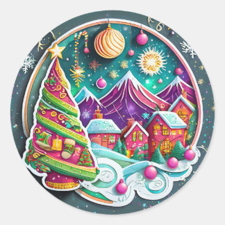 Christmas Tree with Village  Classic Round Sticker