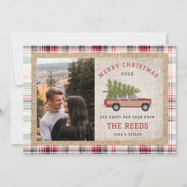 Christmas Tree Wood Wagon Car Photo Tartan Plaid Holiday Card (Front)