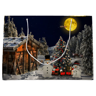 Christmas Tree Wooden Cottage Snowman Full Moon Large Gift Bag