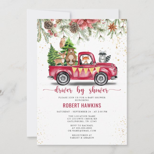 Christmas Tree Woodland Animal Drive Baby Shower Invitation (Front)