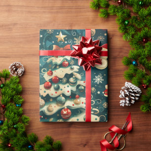 Christmas Tree Wrapping Paper Vintage Blue