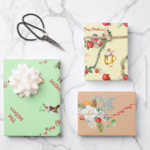 Christmas Tree Wreath Toys Family Named Gifts Wrapping Paper Sheet