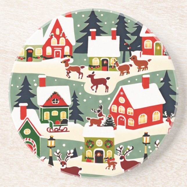Christmas tree Xmas village snowing pic Coaster (Front)