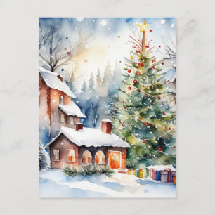 Christmas tree Xmas village snowing pic Postcard