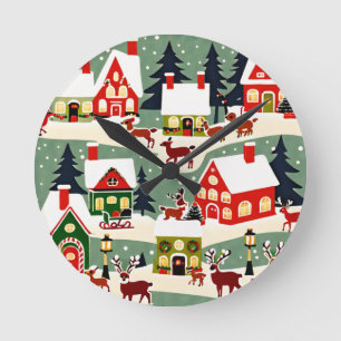 Christmas tree Xmas village snowing pic Round Clock