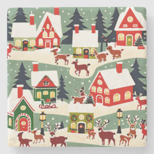 Christmas tree Xmas village snowing pic Stone Coaster