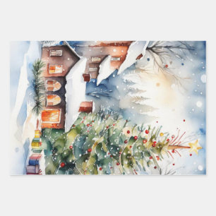 Christmas tree Xmas village snowing pic Wrapping Paper Sheet