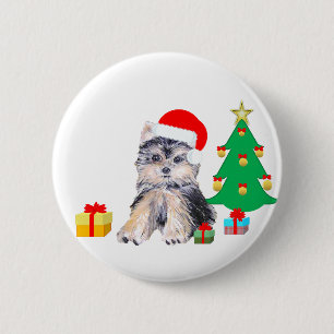Christmas tree, Yorkshire puppy dog & gifts 6 Cm Round Badge