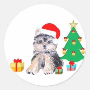Christmas tree, Yorkshire puppy dog & gifts Classic Round Sticker