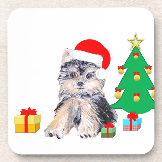 Christmas tree, Yorkshire puppy dog & gifts Coaster (Front)