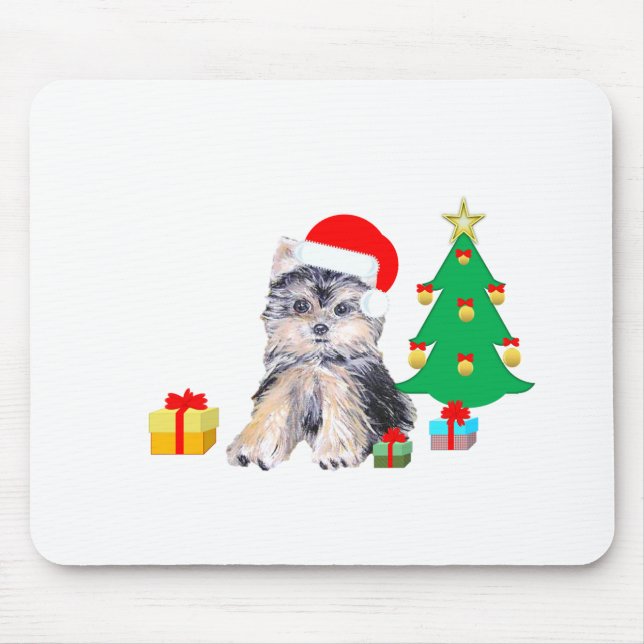 Christmas tree, Yorkshire puppy dog & gifts Mouse Mat (Front)