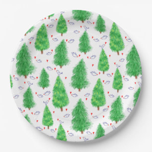 Christmas Trees and Birds Paper Plate