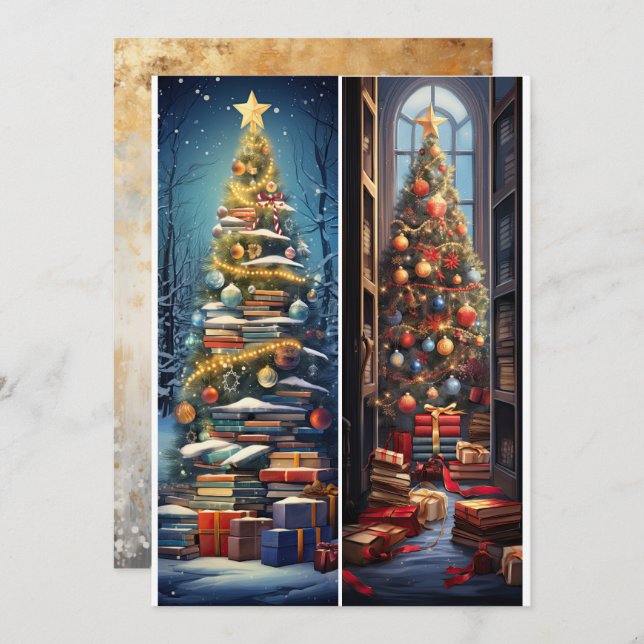 Christmas Trees and Books Promotional Bookmarks on Holiday Card (Front/Back)